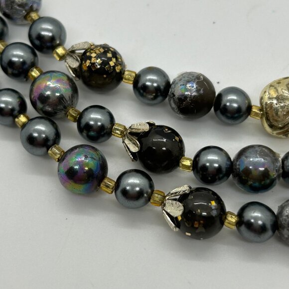 Vintage Three-Strand Gray Gold Iridescent Bead Faux & Pearls Prom Formal - Picture 15 of 16